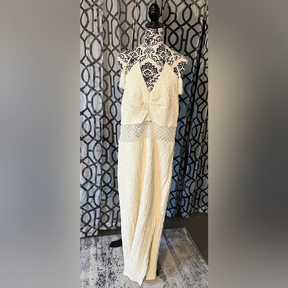 Fashion Nova Cream and Black Textured Midi Dress